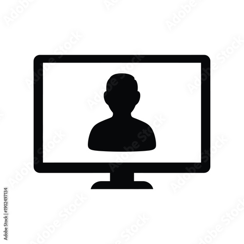 Video Conference Icon with Person Silhouette on Computer Monitor for Remote Work Concept