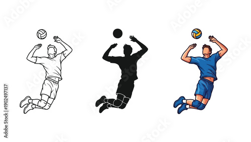 Volleyball player spiking ball in three styles outline, silhouette and full color illustration