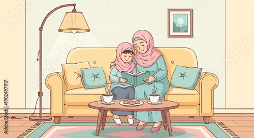 Muslim mother and daughter wearing hijabs sitting on a sofa, reading a book together in a cozy living room, illustrating family bonding, education, and comfort at home.