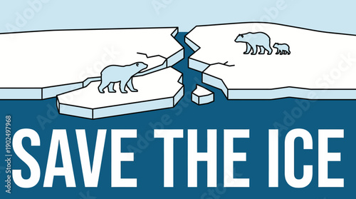 Save the Ice Climate Change Awareness Illustration with Polar Bears on Melting Iceberg