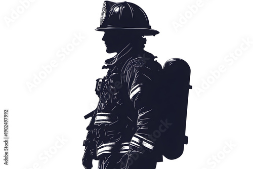 The Courageous Protector: A silhouette of a valiant firefighter, embodying bravery and dedication, stands tall against the backdrop.