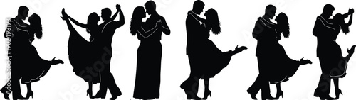 Set of Black Silhouette Vector Illustrations Featuring Diverse Couples Dancing Ballroom and Salsa for Romantic Events Wedding Celebrations and Dance Class Graphic Designs
