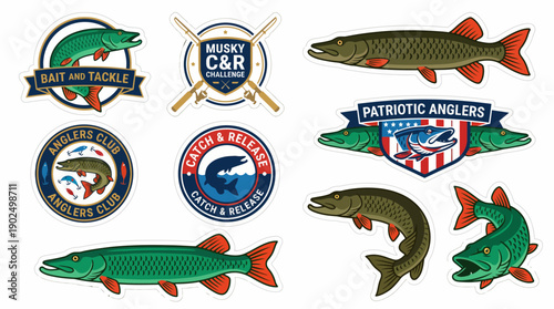 Fishing and Angling Badge Set with Musky Pike Illustrations Catch and Release Emblems
