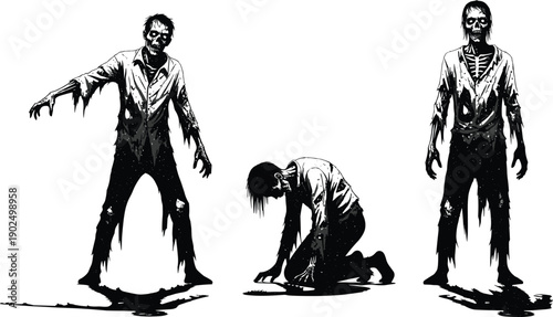 Scary zombie silhouettes collection featuring undead walking dead characters in tattered clothes isolated on white background for halloween horror party posters and graphic design