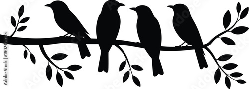 Silhouette illustration of four birds perched on leafy tree branch, highlighting natural posture, avian diversity, and artistic composition for decorative, educational, and commercial design projects