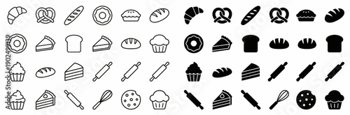 Bakery and Pastry Icon Set with Bread Croissant Cupcake Rolling Pin and Whisk