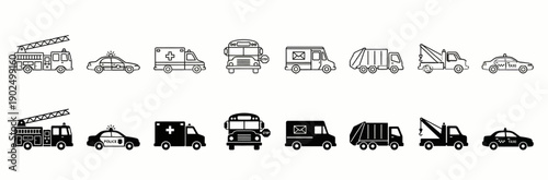 Emergency and Municipal Service Vehicle Icon Set with Fire Truck Police Car Ambulance and School Bus