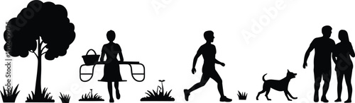 Silhouette illustration of park scene with tree, people walking, couple standing, dog running, picnic basket, outdoor leisure concept for nature, lifestyle, companionship, and decorative art