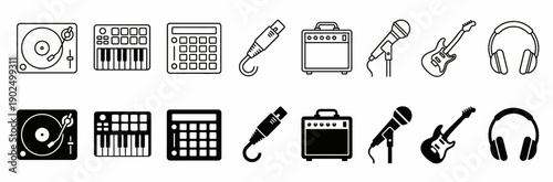 Music Production and DJ Equipment Icon Set with Turntable MIDI Keyboard and Headphones
