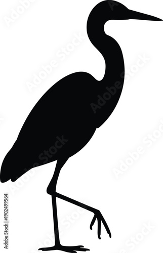 Stylized silhouette of heron-like bird standing gracefully on one leg with long neck, pointed beak, and elegant posture, ideal for nature, wildlife, and artistic design projects