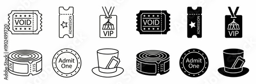 Event Ticket and Admission Icon Set with VIP Pass Admit One and Ticket Roll