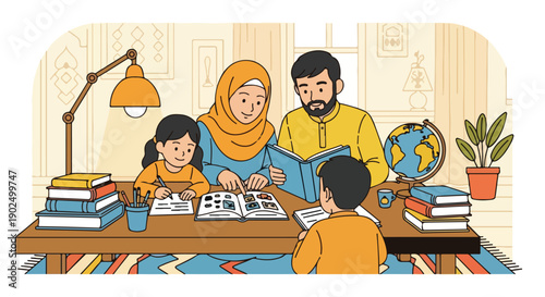 Muslim Family Studying Together at Home, Parents Helping Children with Homework and Reading, Educational Scene