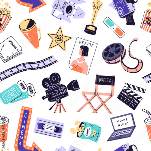 Repeatable pattern of cinema items. Endless background of retro video camera, film tapes and reels, popcorn for movie screening. Elements of the Hollywood industry. Flat seamless vector illustration.