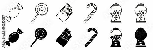 Candy and Confectionery Icon Set with Gumball Machine Lollipop and Chocolate