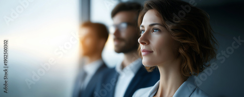 Hopeful business team with woman leader looking toward future with clear vision. Professional group in an office planning for success