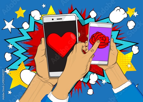 Cartoon Smartphone, comic book Telephone with Red Heart and Rose. Retro vector comics pop art design.