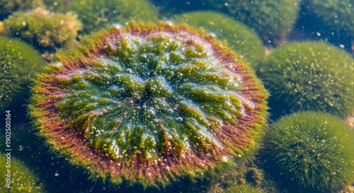 Close-up view of green algae balls with fuzzy texture and reddish-brown edges in shallow water