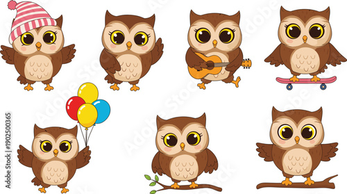 Cute cartoon owl character collection featuring expressive poses with guitar skateboard balloons and winter hat for children's storybook nursery decor and whimsical vector design