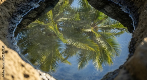 Serene Reflection of Tropical Palm Trees in a Clear Water Pool Framed by Ancient Volcanic Rocks