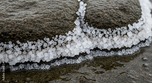 Close-up view of salt crystals forming on a rock surface, highlighting intricate natural patterns