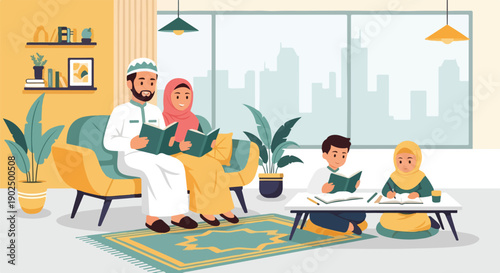 Muslim family reading books together in a cozy living room, parents and children engaged in learning and Islamic education, representing family values and home life.
