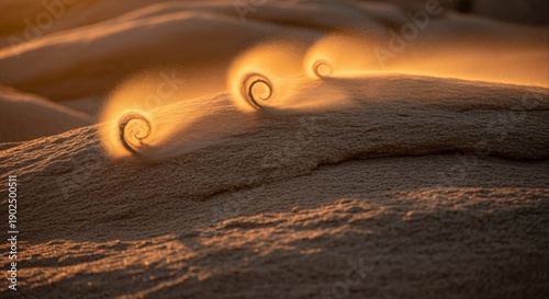 Intricate close-up of desert sand illuminated by golden light, revealing delicate, swirling patterns and natural textures