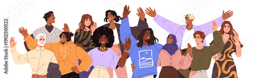 Group of people of different ages is waving. International team says Hello with hand gesture. Diverse happy men and women are greeting together. Flat isolated vector illustration on white background.