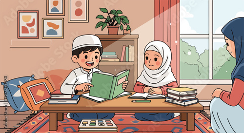 Smiling Muslim boy and girl studying books at home with their mother. Islamic education, family learning, and cultural values. Happy children reading together.