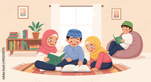 Happy Muslim children joyfully reading books together in a cozy home setting, fostering education, cultural values, and shared learning experiences.