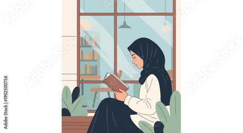 Young Muslim woman wearing a hijab reading a book in a cozy cafe with large windows and plants