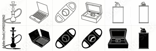 Tobacco and Cigar Accessories Icon Set with Hookah Humidor and Cigar Cutter