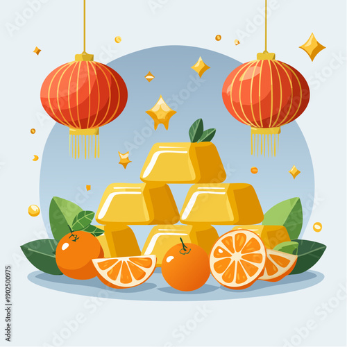 Golden ingots and tangerines are stacked for Chinese prosperity celebration