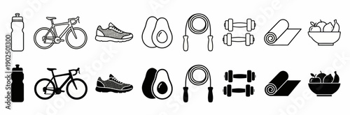 Fitness and Healthy Lifestyle Icon Set with Sports Equipment and Nutrition