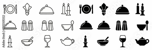 Fine Dining and Restaurant Service Icon Set with Table Setting Cloche and Candle