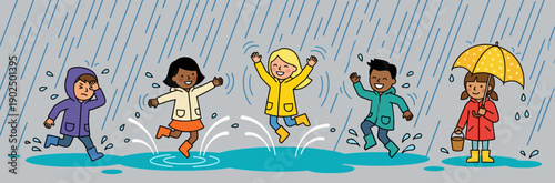 Joyful Children Playing in Rain Puddles with Raincoats and Umbrellas