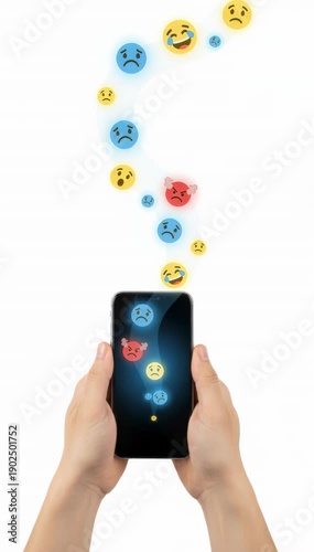 Wallpaper Mural Human hands holding a smartphone sending a stream of mixed emotion emojis, representing social media communication, online feelings, and digital messaging, isolated on a white background Torontodigital.ca