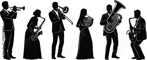 Set of Black Silhouette Vector Illustrations Featuring Diverse Musicians Playing Instruments Including Saxophone Trumpet Trombone and Tuba for Jazz Band and Music Designs