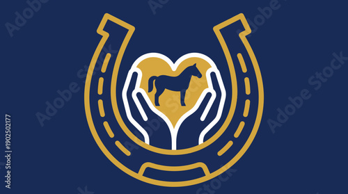 Equestrian Care Concept with Horseshoe Heart and Hands Holding Horse