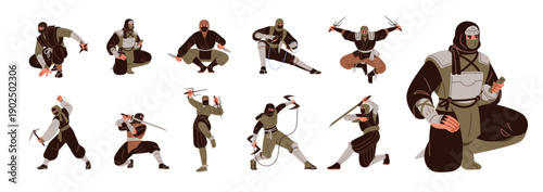 Ninjas in different poses set. Japanese samurais with weapons. Asian fighters, shinobis with sai, shuriken and katana. Ninjutsu warriors. Flat isolated vector illustrations on white background.
