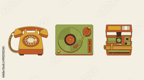 Retro Technology Illustration Set with Rotary Phone Record Player and Camera