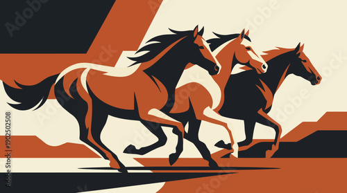 Dynamic Abstract Illustration of Three Wild Horses Galloping in the Sunset