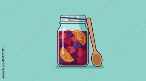 Flat Design Illustration of a Mason Jar Filled with Fruit Preserves and a Wooden Spoon