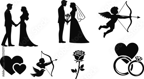Valentine’s Day silhouettes icons set with romantic couples hearts roses and cupid, love symbols black vector collection, minimal flat design clipart isolated on white background high resolution