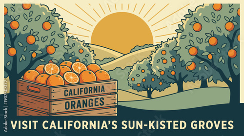 Vintage California Oranges Poster with Citrus Grove and Sun-Kisted Landscape