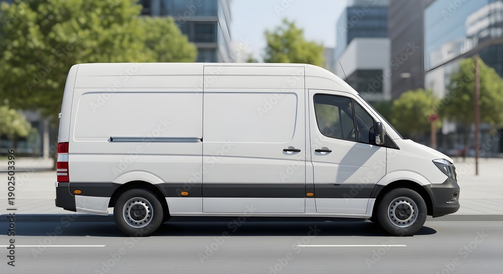 Fototapeta premium Commercial white cargo panel van parked on asphalt street presenting a realistic transportation mockup ready for delivery service branding or logistics advertising in an urban setting.