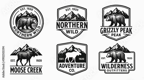 Vintage Wildlife Adventure Badge Set with Grizzly Bear and Moose Icons