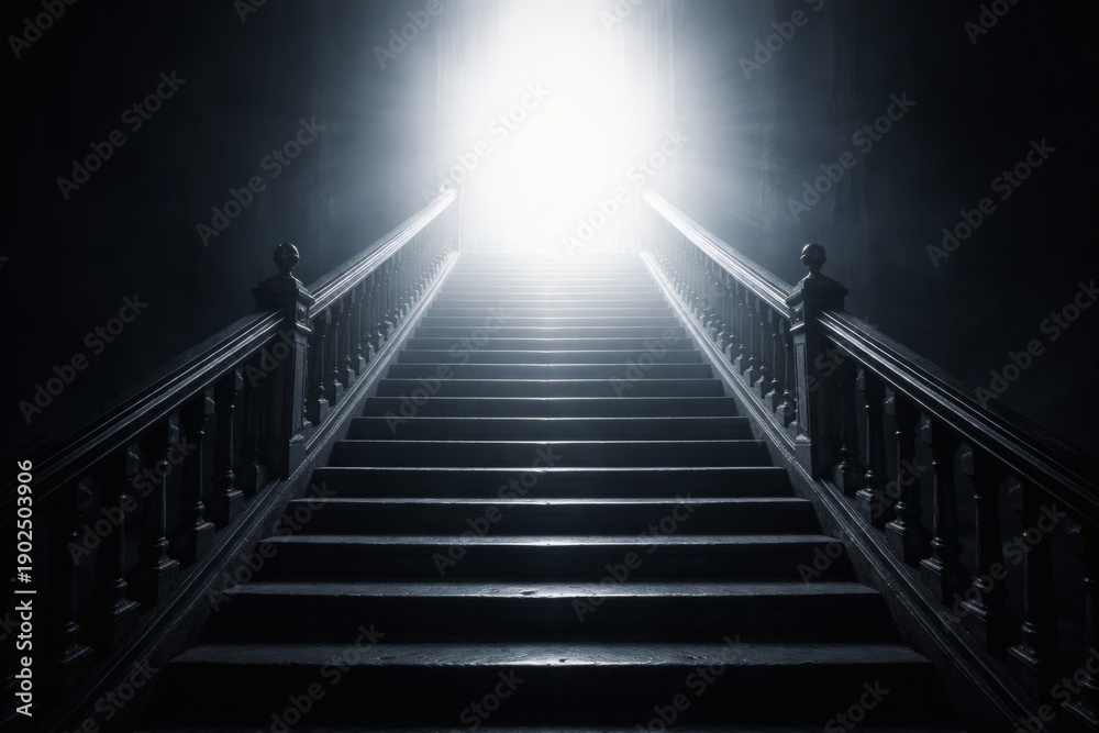 Fototapeta premium dark staircase leads up to a bright light at the top, symbolizing hope and ascension.