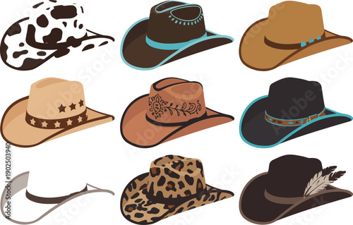 Cartoon Cowboy Hat Vector Set – Wild West Style with Stars and Cow Prints
