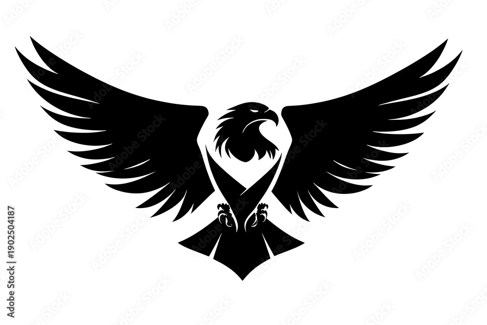 Obraz premium Soaring Symbol of Strength: A majestic black bird of prey, a falcon, with wings spread wide, epitomizing strength and freedom against the clear sky, a symbol of power, vision, and determination.