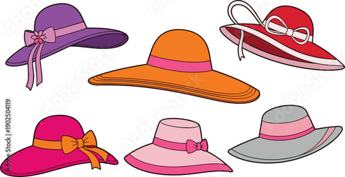 Collection of stylish women's sun hats and summer headwear featuring various colors like purple red and orange with decorative ribbons and bows for beach vacation and fashion design